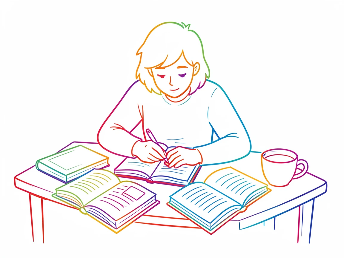 A student studying at a desk surrounded by open notebooks and a cup of coffee.