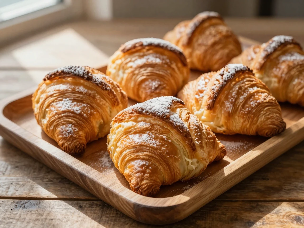 A tray of freshly baked croissants dusted with flour
