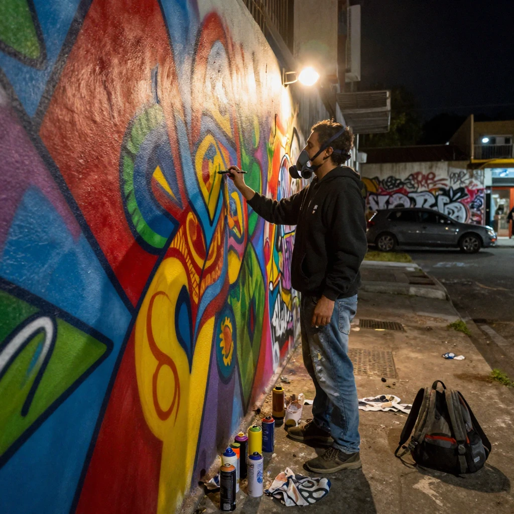 A street artist spray paints a vibrant mural under the glow of work lights at night.
