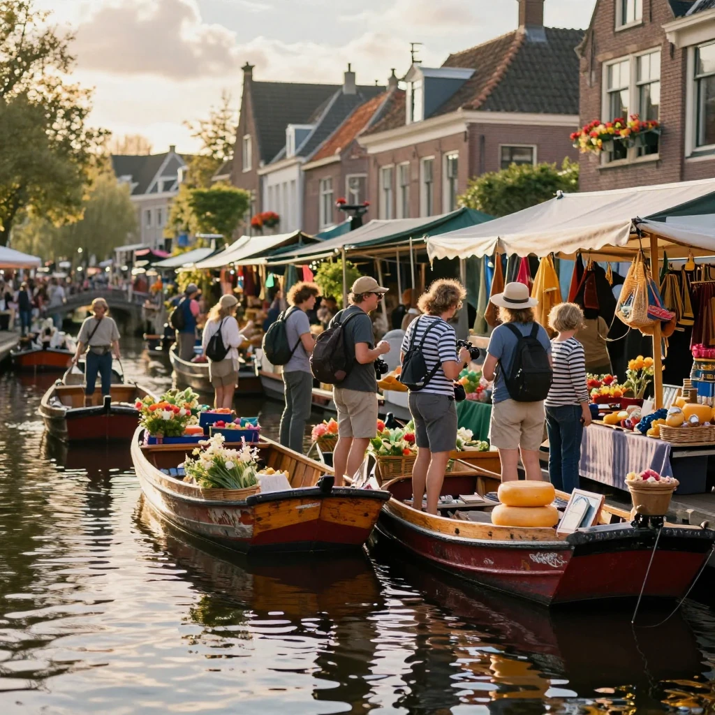 Travelers exploring a floating market crowded with wooden boats along a quiet canal in the Netherlands