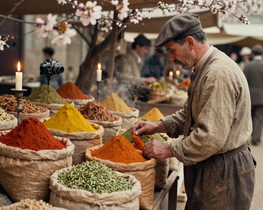 A spice market with sacks of vivid colored powders, under flickering candlelight, in crisp, dry air, as spring blossoms unfurl, in earthy terracotta and ochre shades, over the shoulder of the main subject.