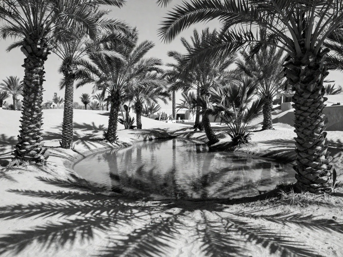 A desert oasis offers a rare patch of shade and water amid a ring of scattered palms.