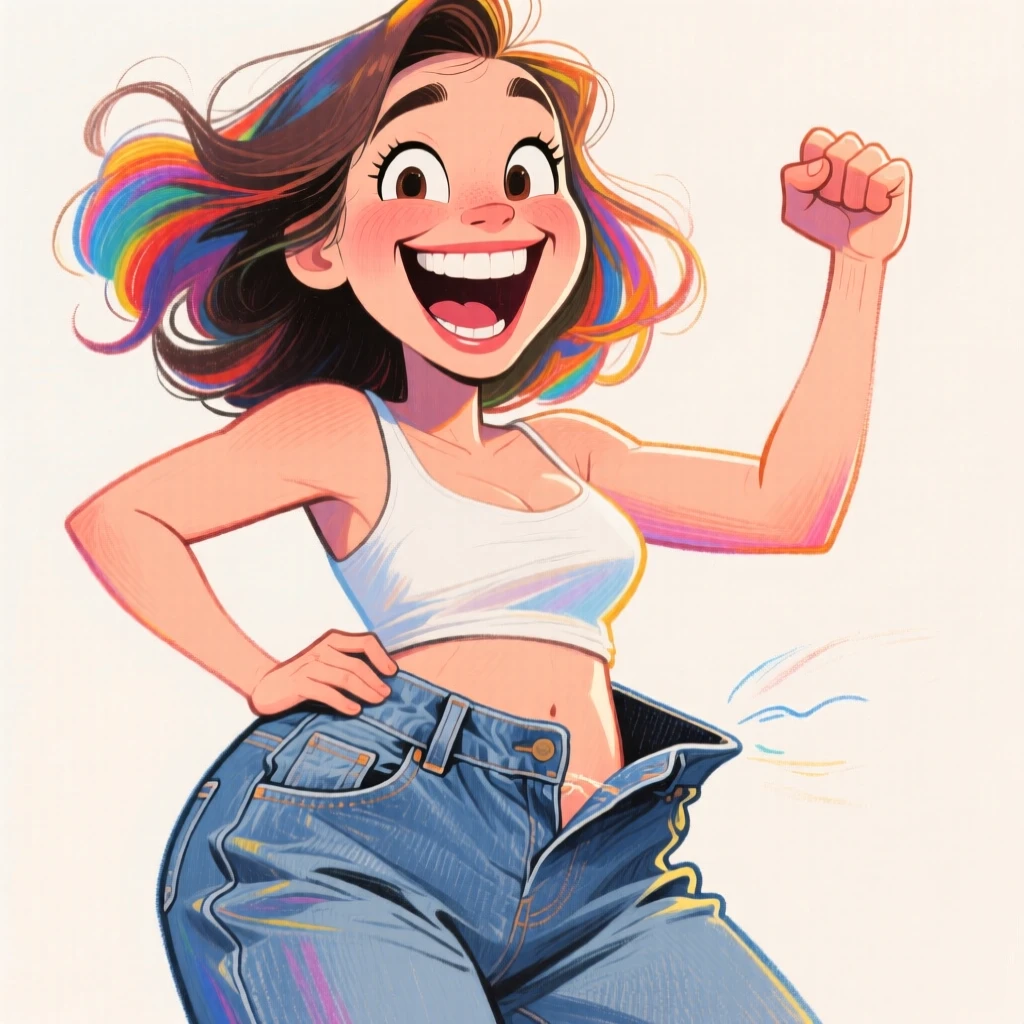 A woman giving a triumphant grin after finally fitting into old jeans.