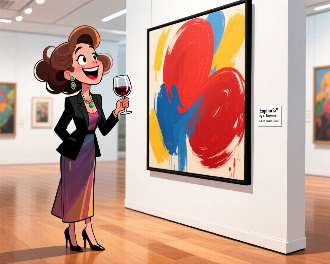 An aspirational lifestyle scene of a fashionable woman browsing an art gallery, wine glass in hand, admiring a striking painting.