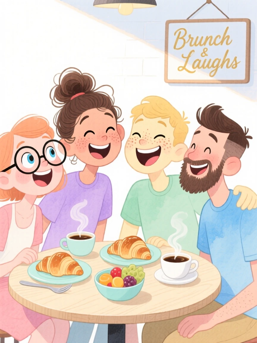 A group of four best friends laughing together over brunch at a sunny café