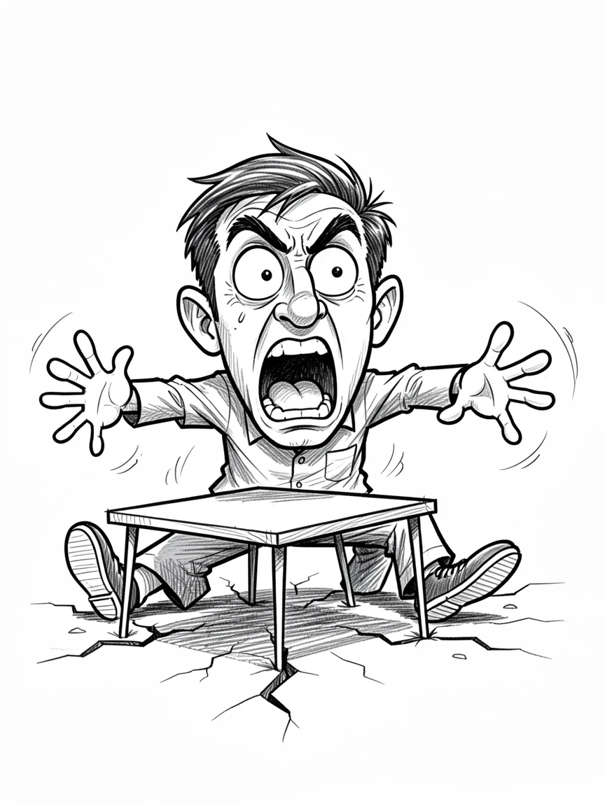 [Funny & Exaggerated Situations] Comical scene of a man overreacting to a small earthquake by hiding under a tiny table, exaggerated for maximum laughs