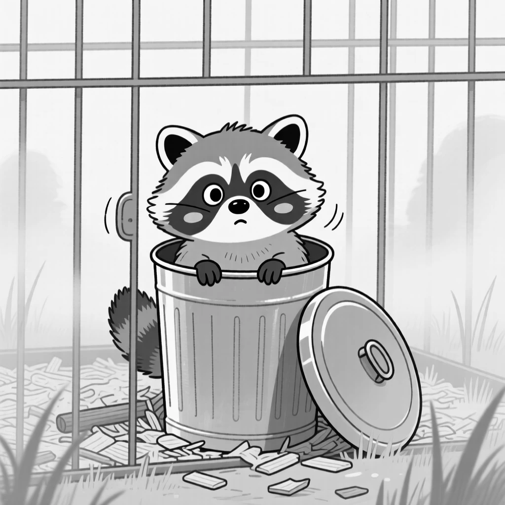 A curious raccoon peeking out of a trash can, shivering with an embarrassed expression, set inside a cage stuffed with wood shavings. Morning mist clings to the grass. There's something deeply endearing about the little chaos.