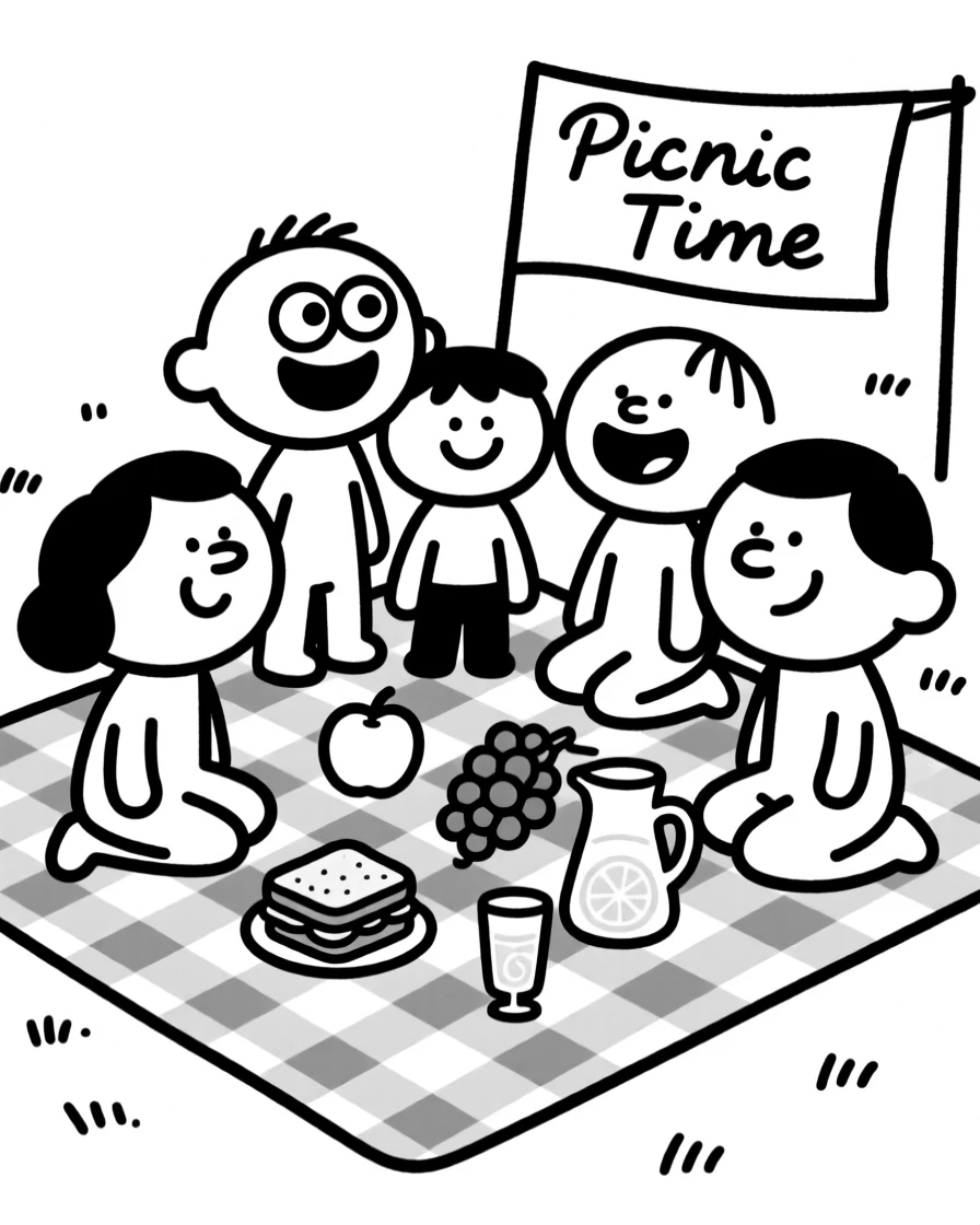 A picnic spread on a checkered blanket with sandwiches, fruit, and lemonade in the sun.