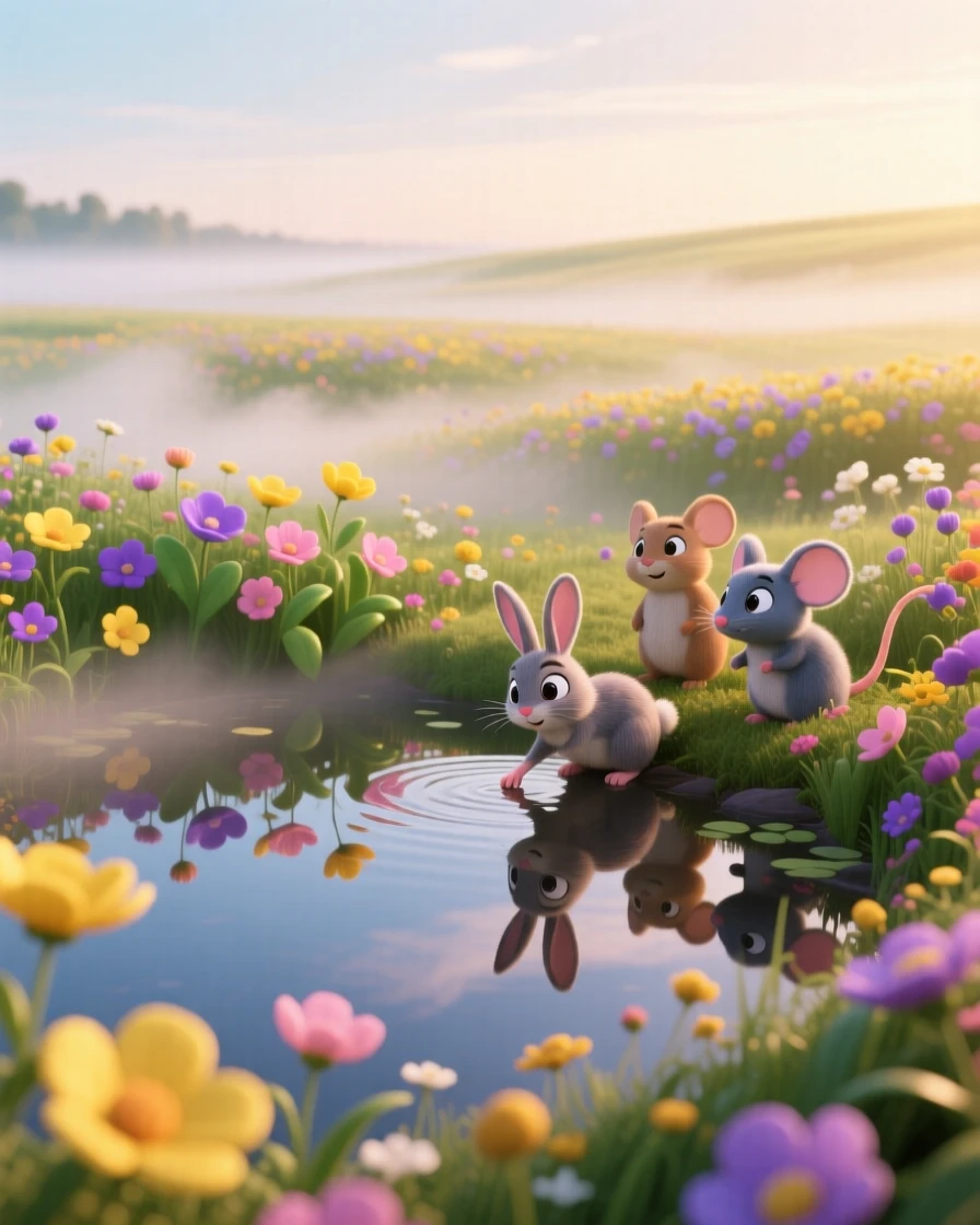 A field of wildflowers glows while a soft mist rolls gently across the ground, with reflections shimmering perfectly on the water's surface. A deep sense of peace and quiet awe fills the scene.