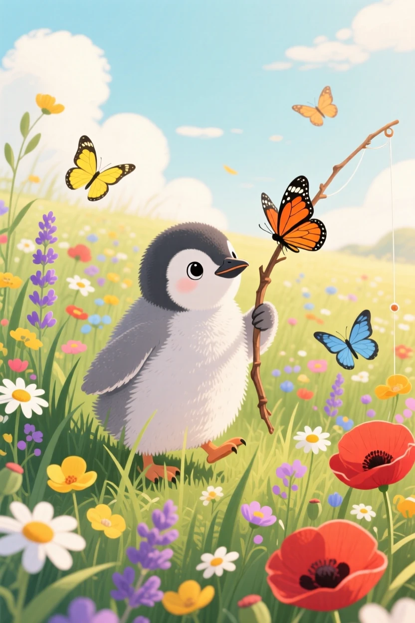 A waddling penguin chick pauses from fishing with a bent twig to look up in a field of wildflowers, while butterflies flutter nearby.