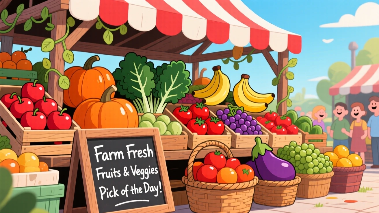 A farmers market stall piled high with fresh fruits and vegetables.