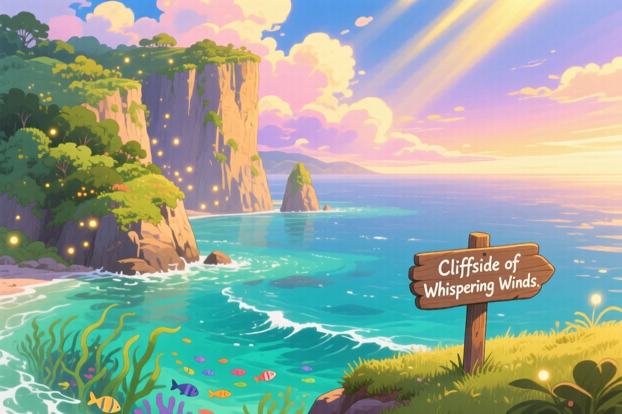 A breathtaking view of a dramatic sea cliff dropping into turquoise water, with sunlight breaking through scattered clouds in golden shafts, at golden hour, framed with a wide panoramic view.