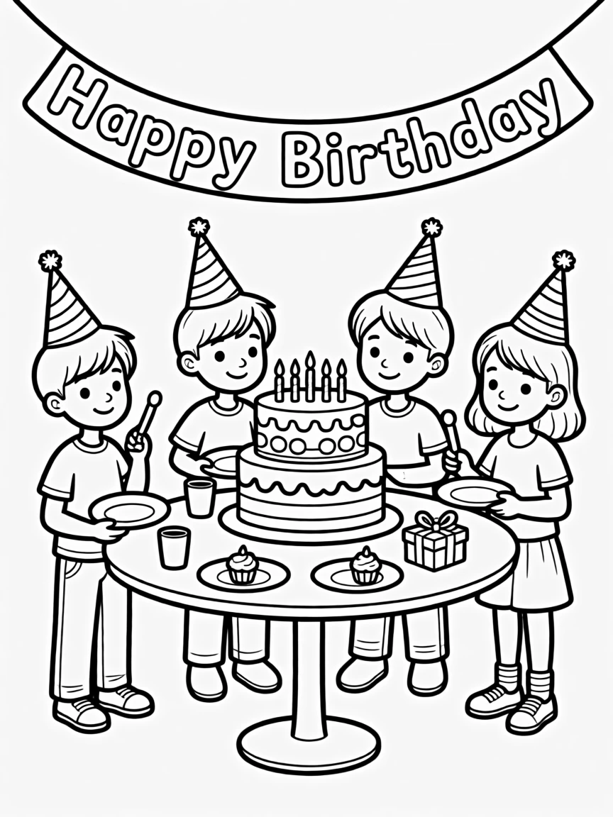 A birthday party with children wearing party hats around a table