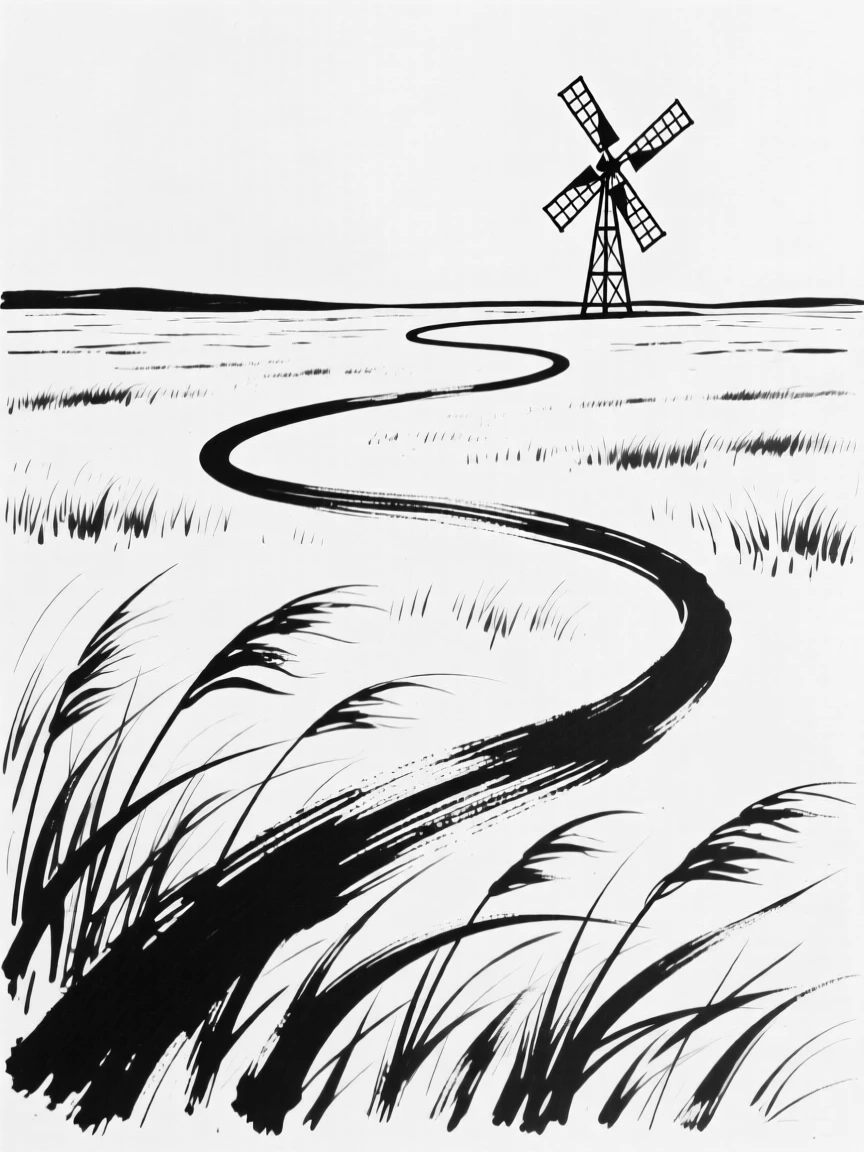 A vast prairie landscape with a single windmill against the horizon.