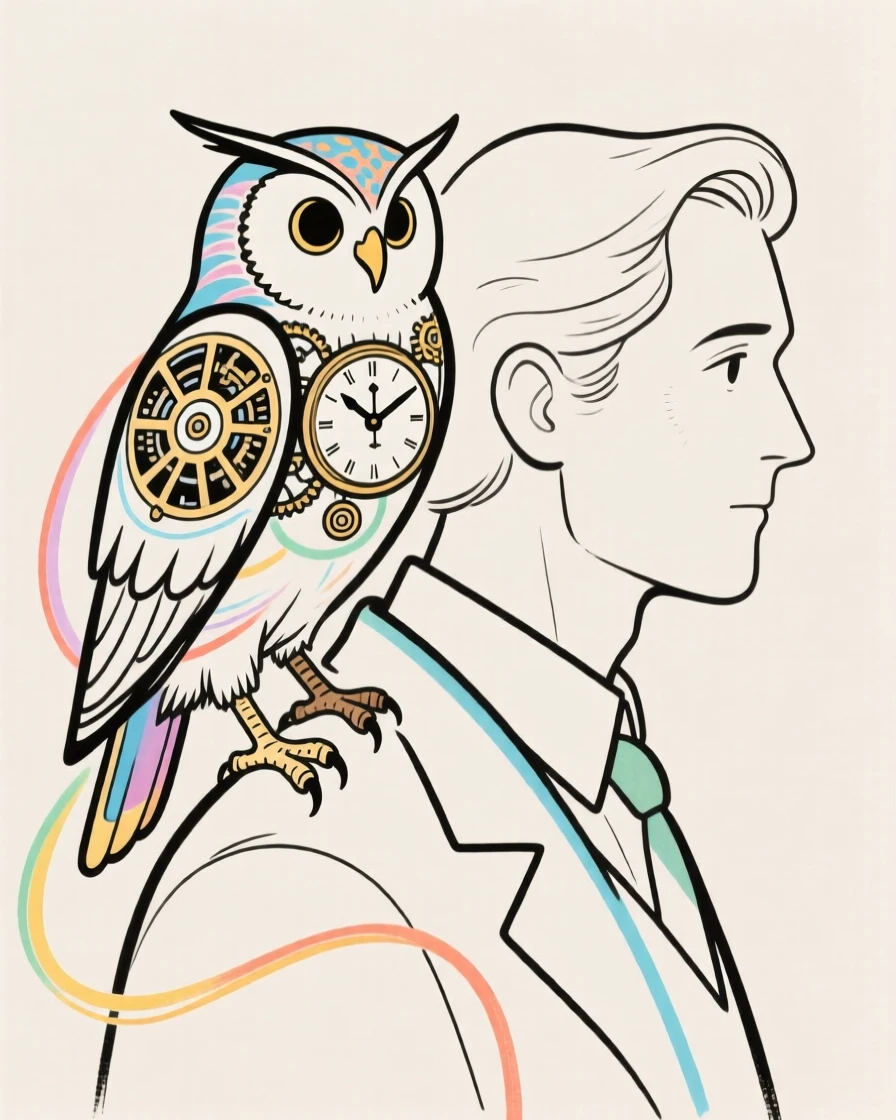 A magical clockwork owl perched on the shoulder of an inventor.