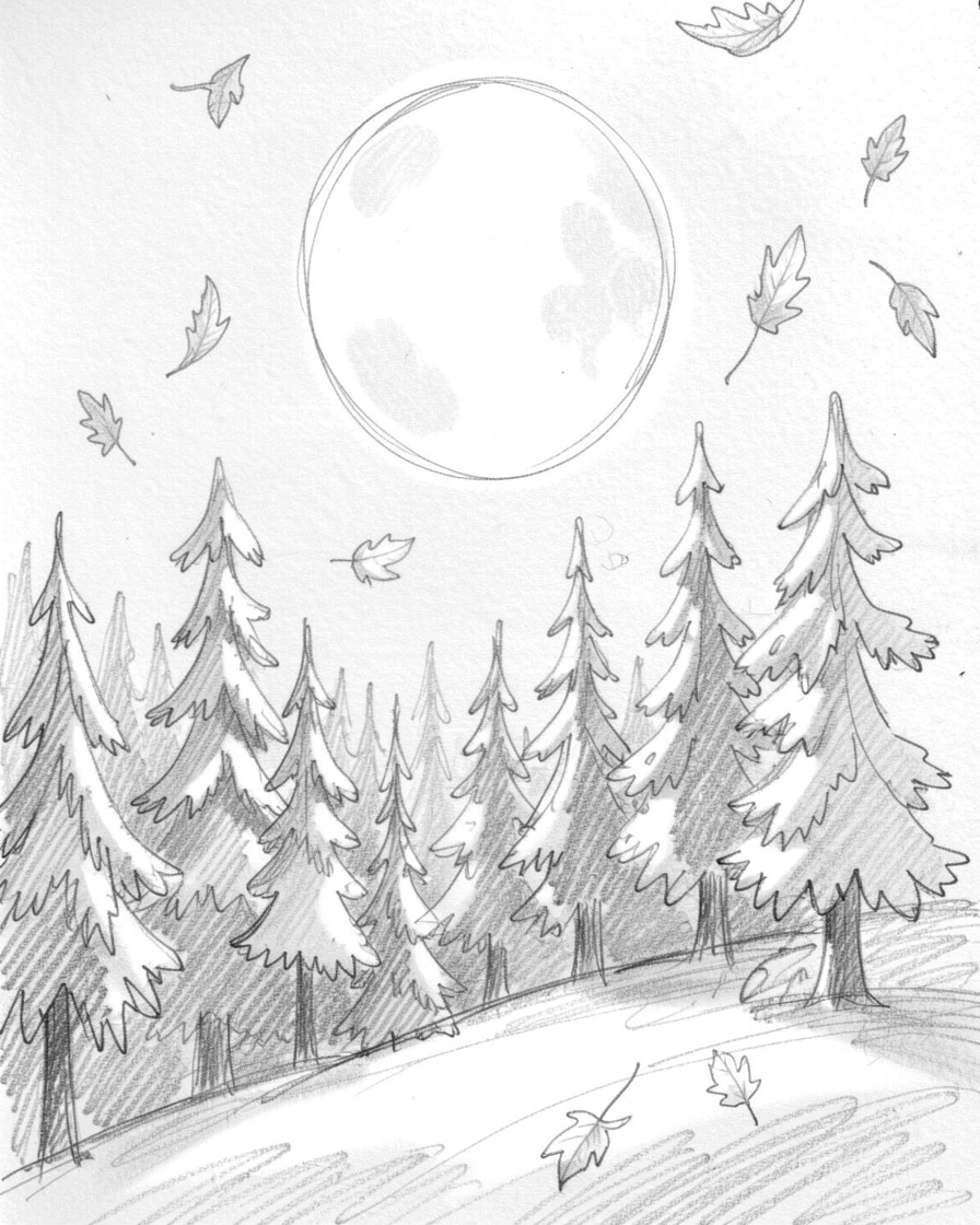 Sweeping landscape of a pine forest after fresh snowfall illuminated by a brilliant full moon, with autumn leaves drifting on the breeze.