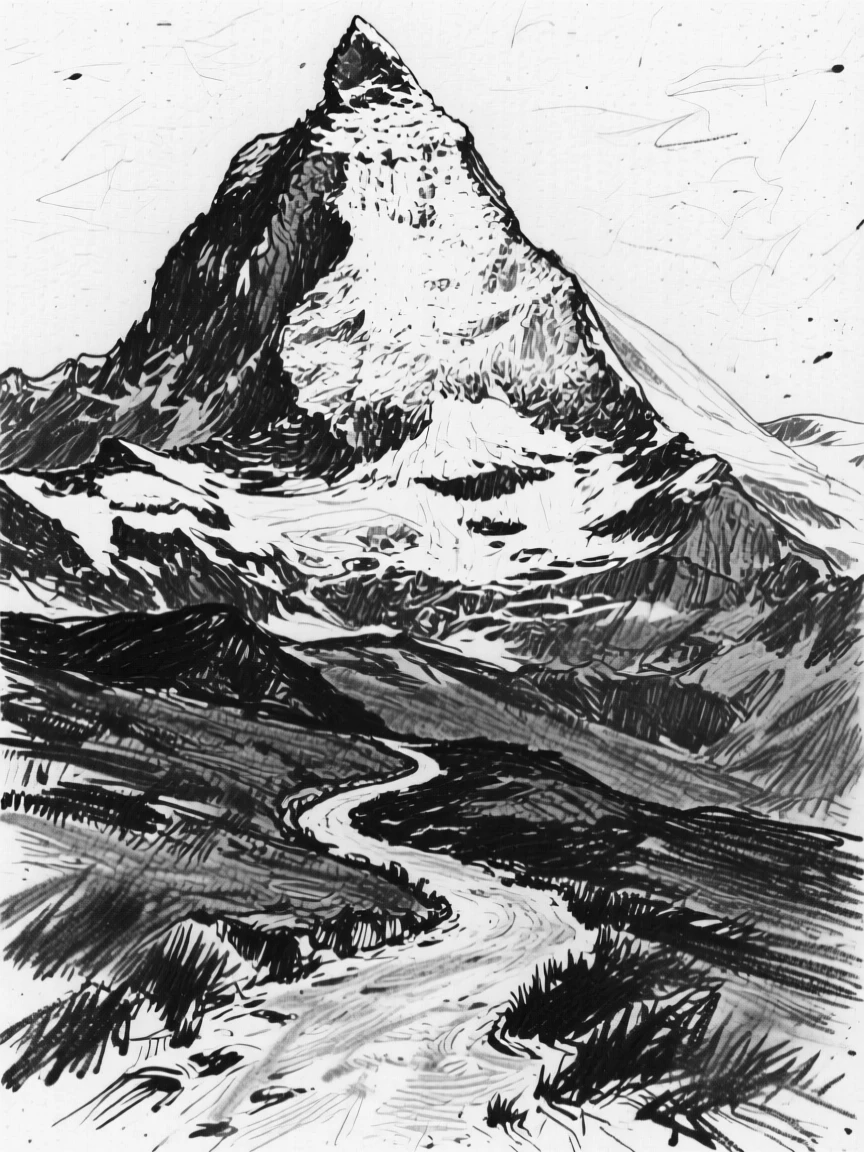 A snow-capped peak with a lone winding path leading into the distance.