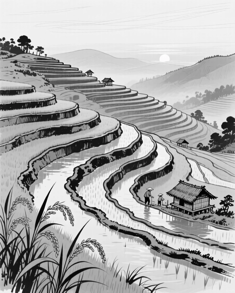 A tranquil rice terrace landscape glowing green under morning light.