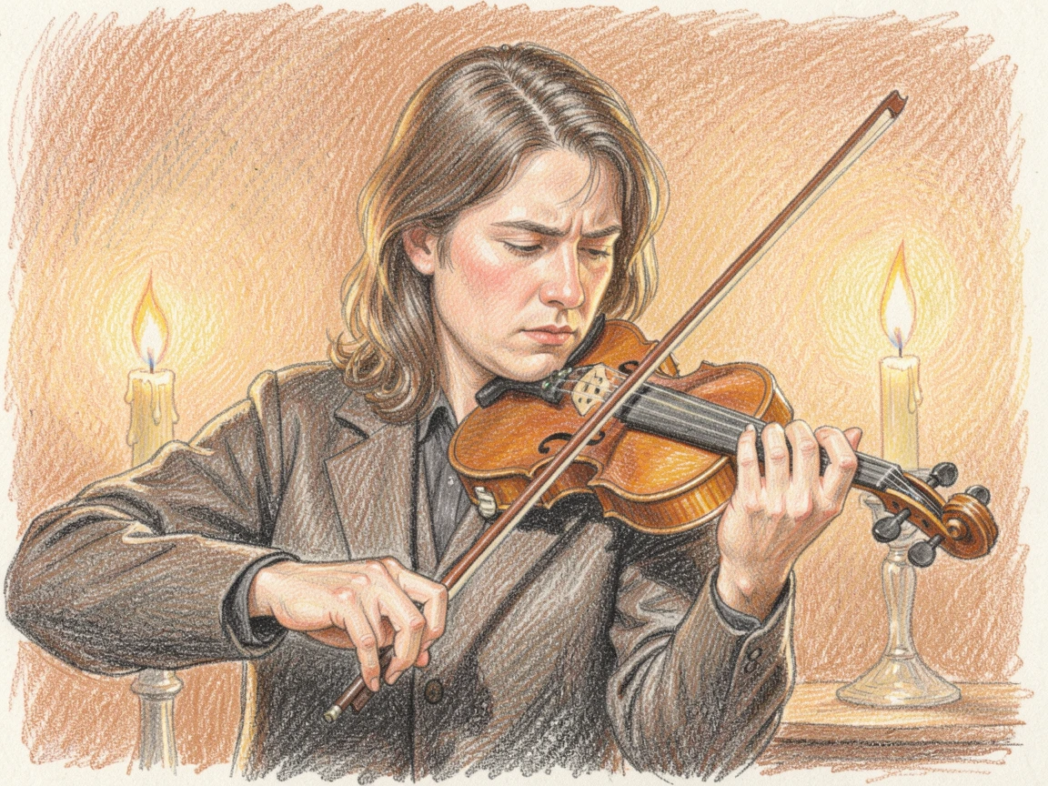 A violinist lost in concentration during a candlelit performance, captured in a candid, unposed moment full of life, capturing a fleeting, deeply relatable moment.