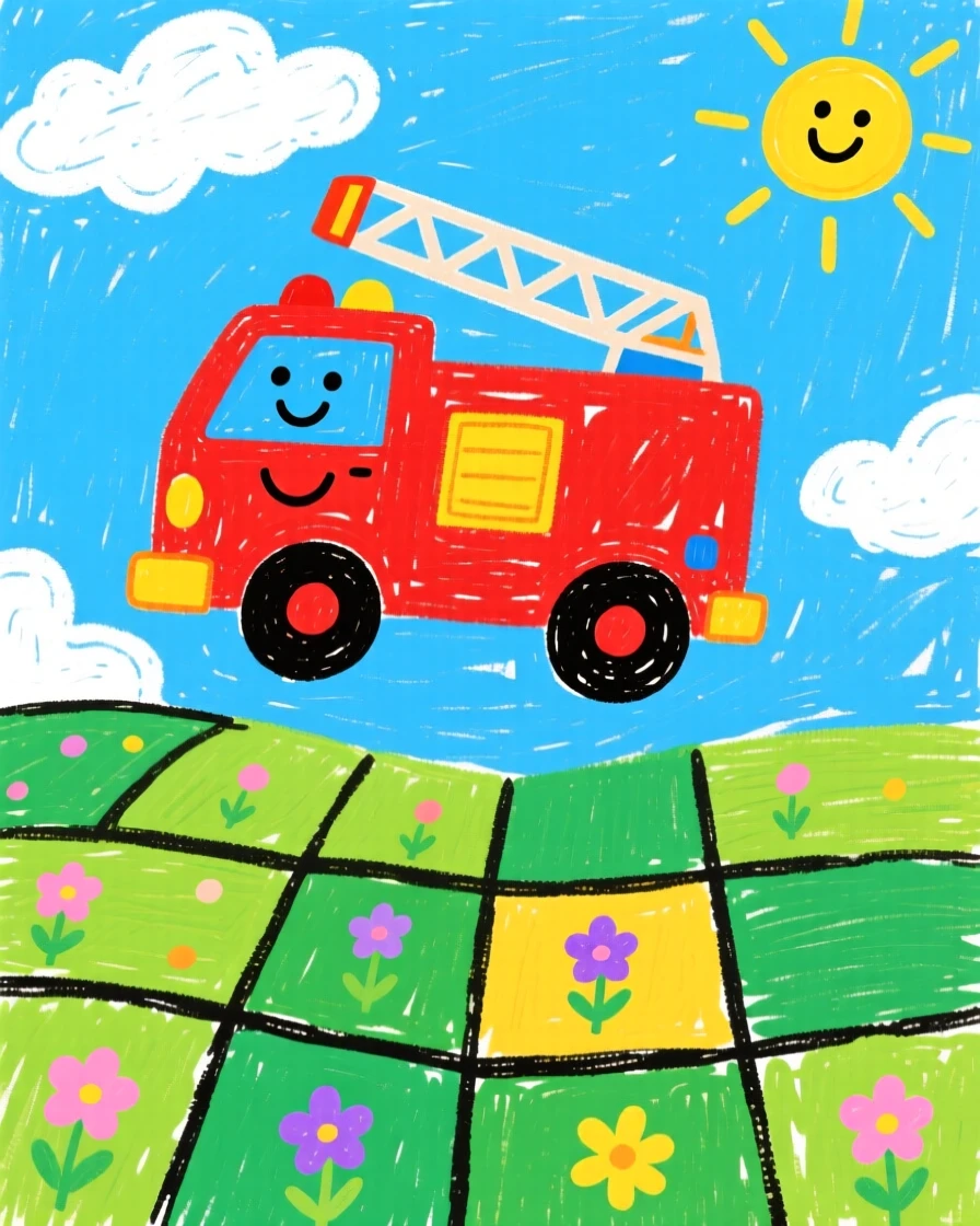 A bright red fire truck floating above a patchwork of green fields.
