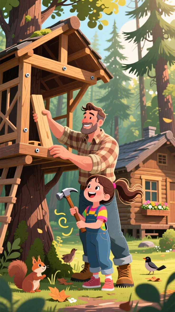 A dad and daughter building a treehouse together, in a rustic wooden cabin surrounded by forest, shown from a friendly eye-level perspective, with small joyful details like flying hair or bright laughter.