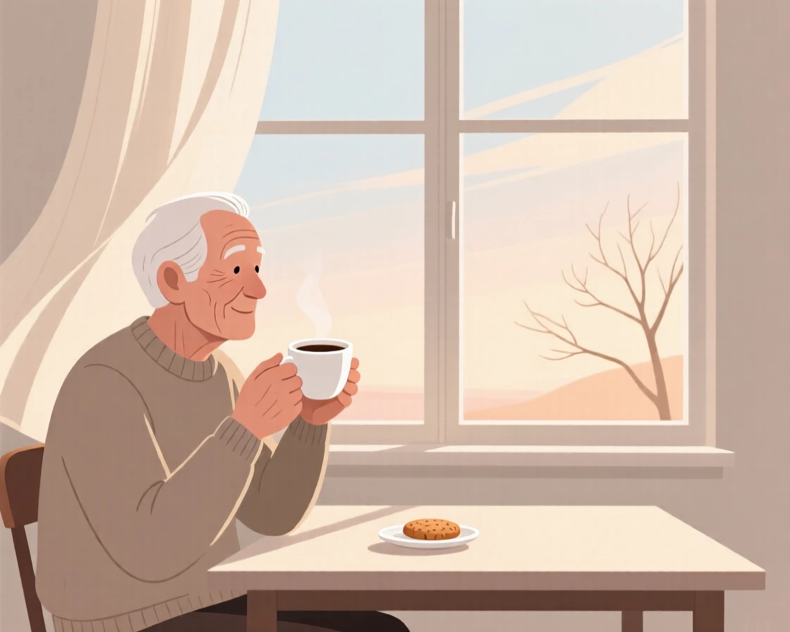 An elderly man enjoying a quiet cup of coffee by a window on a breezy morning.