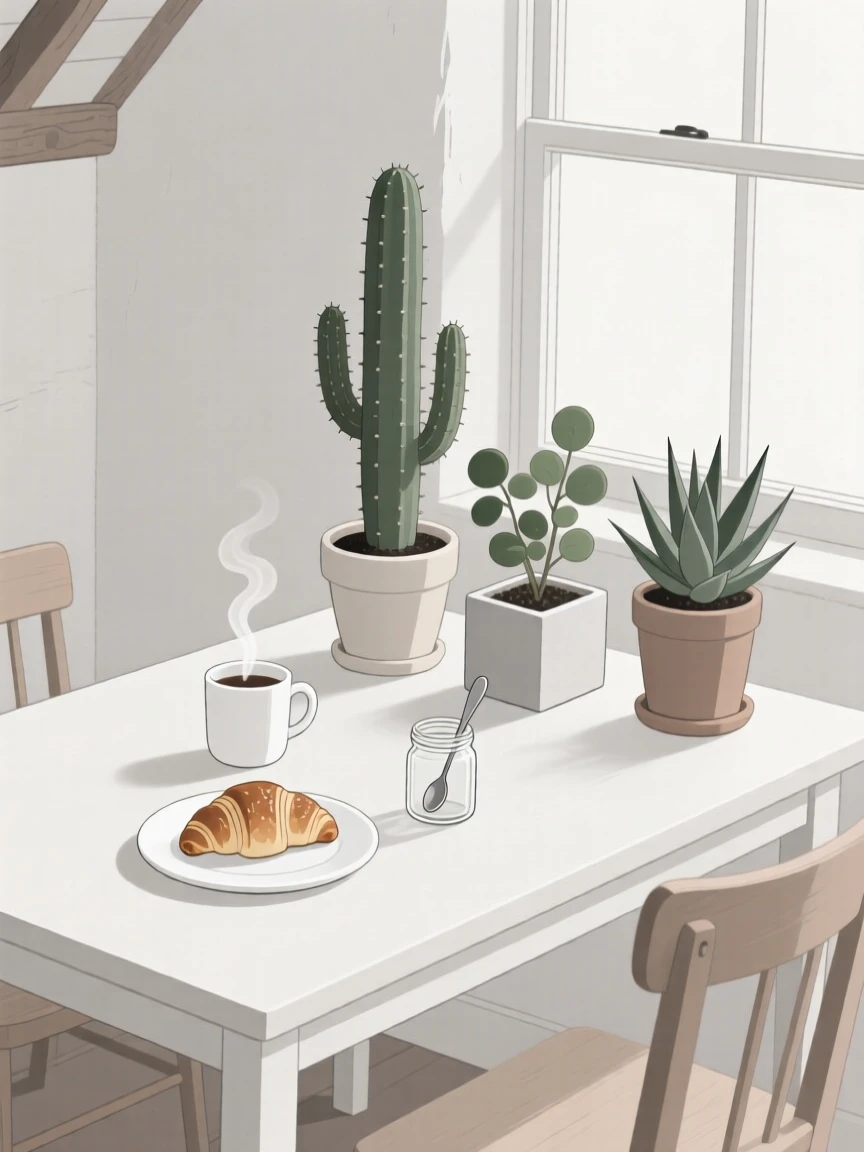 A tidy breakfast table arranged near a small houseplant collection in a countryside cottage, expressing calm comfort.