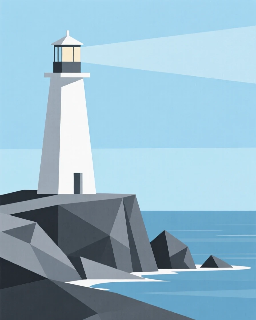 A lighthouse standing on a rocky peninsula