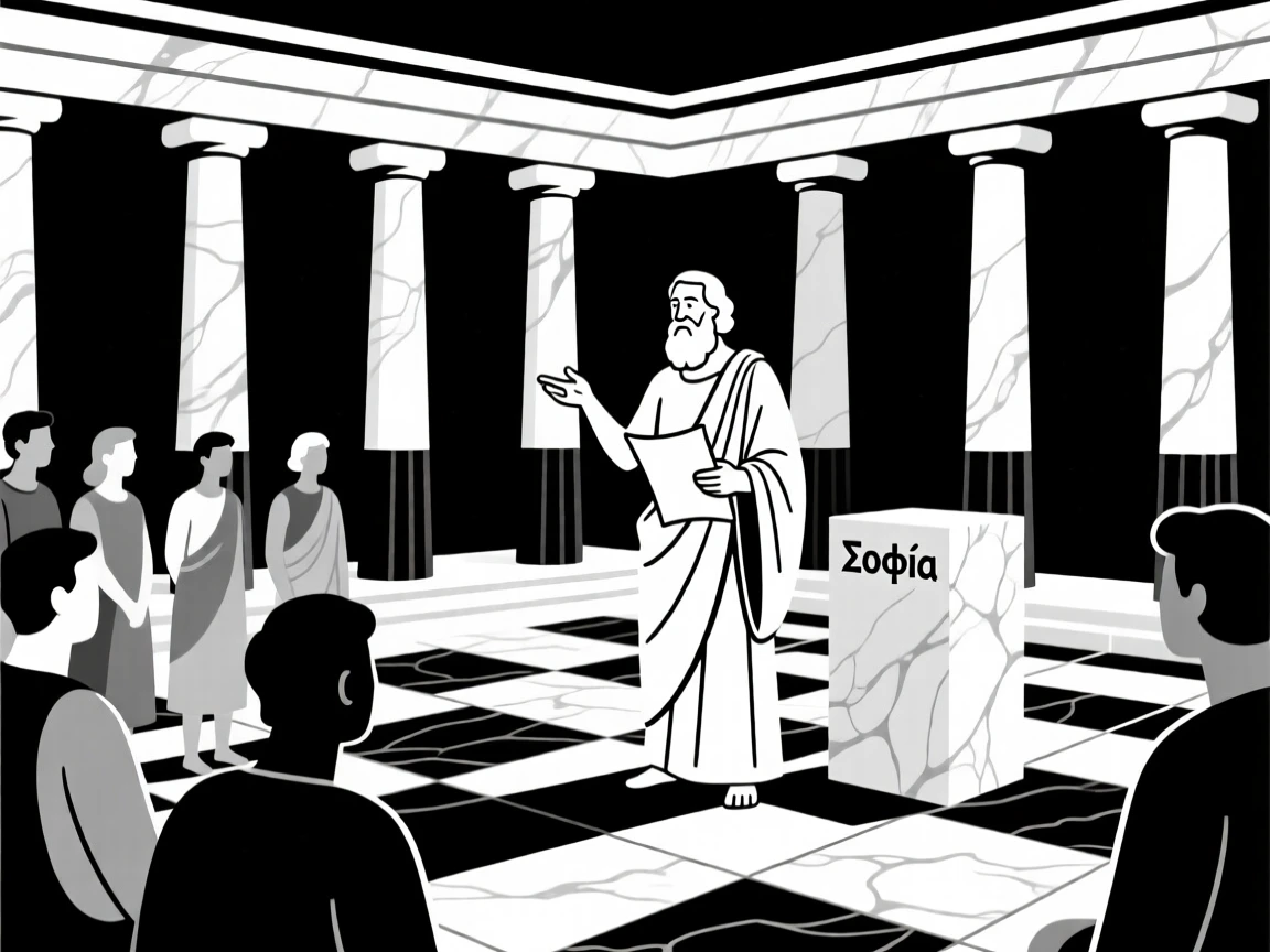 An ancient Greek philosopher teaching students in a marble courtyard.