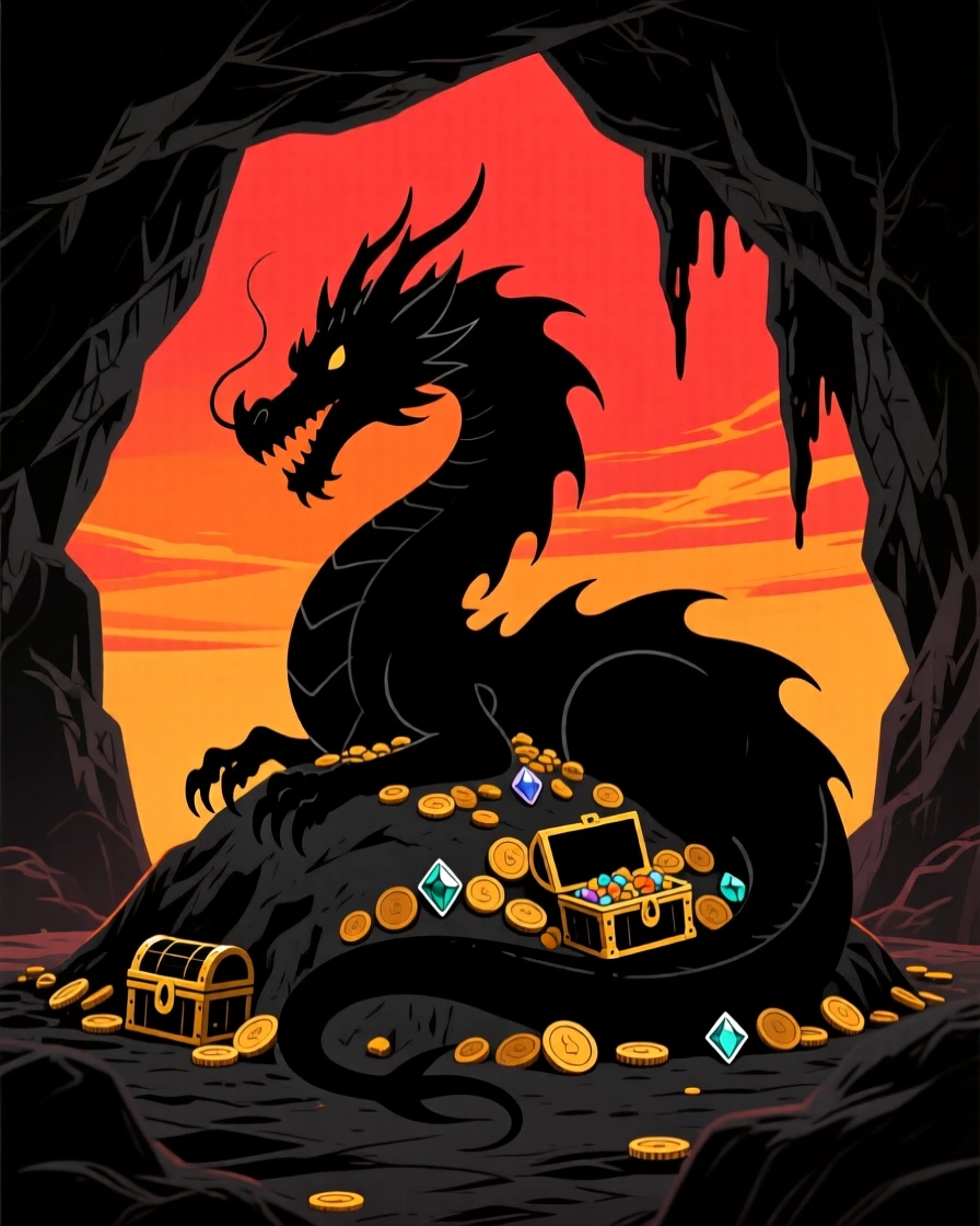 A dragon coiled protectively around a mound of treasure in a dim cave.