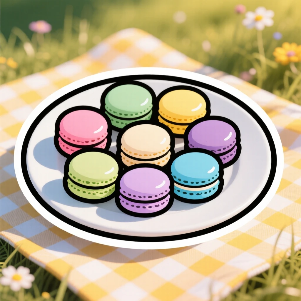 A freshly made plate of colorful macarons, glistening with a light glaze, in a sunny outdoor picnic setting.