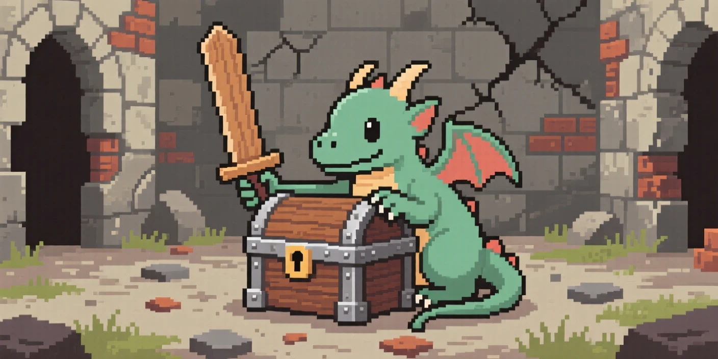 A small dragon curled around a treasure chest training with a wooden practice sword, inside a crumbling castle courtyard.