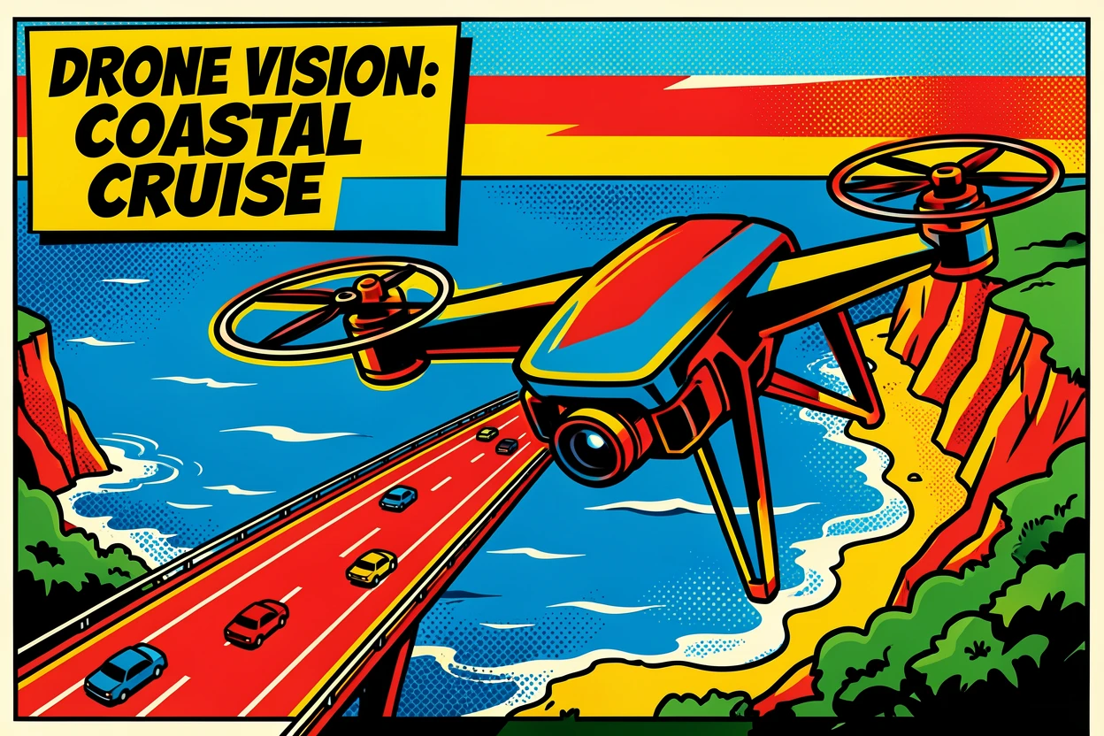 A drone capturing an aerial view of a coastal highway