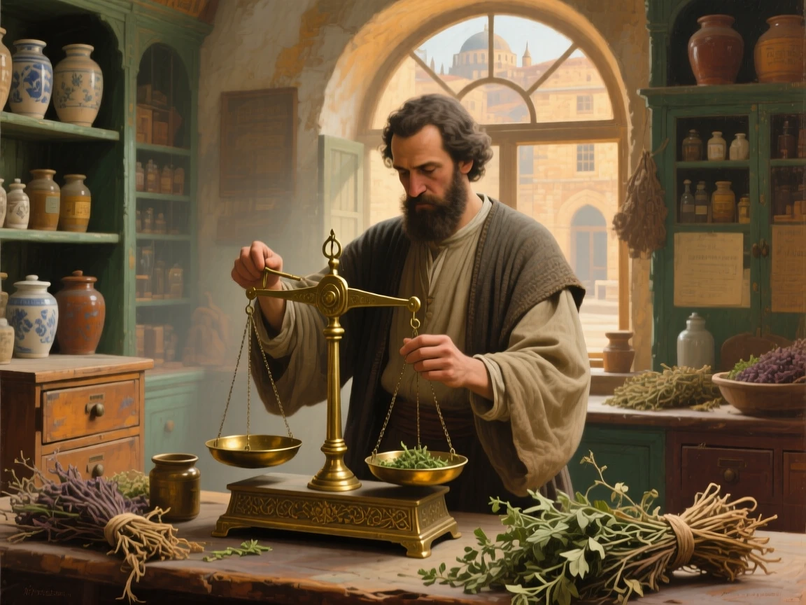 A medium shot of an apothecary weighing herbs on a brass scale, in old Istanbul, in antiquity.