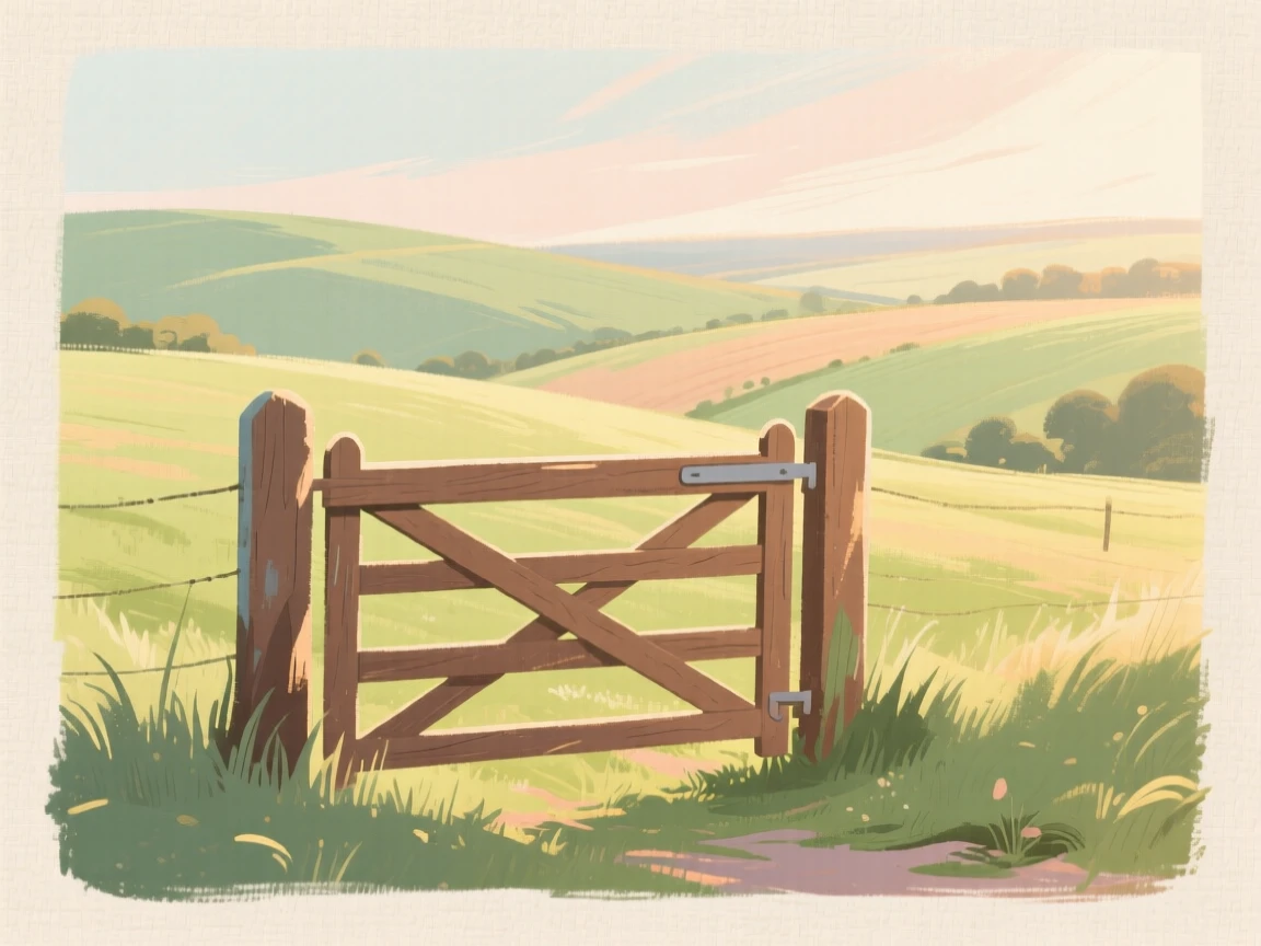 A pasture gate opening onto rolling green farmland