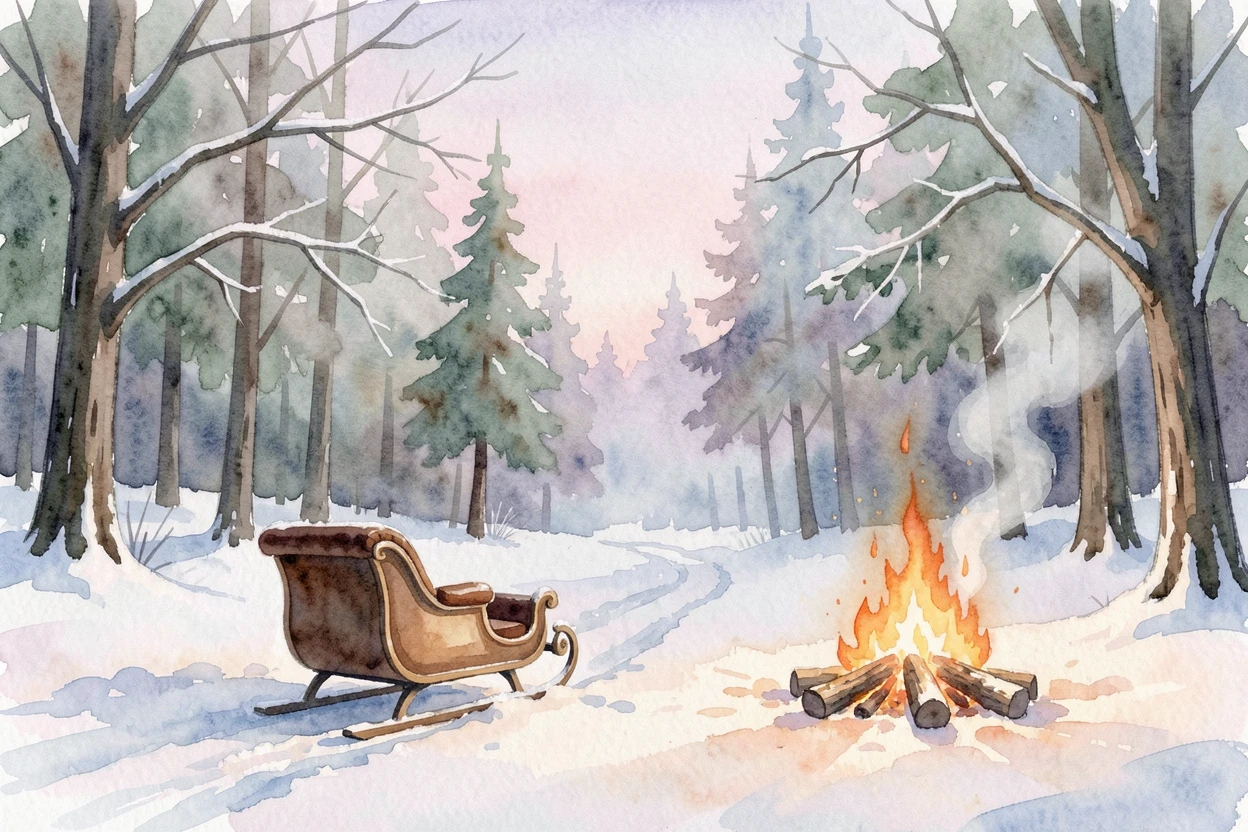 A snowy sleigh ride through a quiet forest with a crackling fire nearby.
