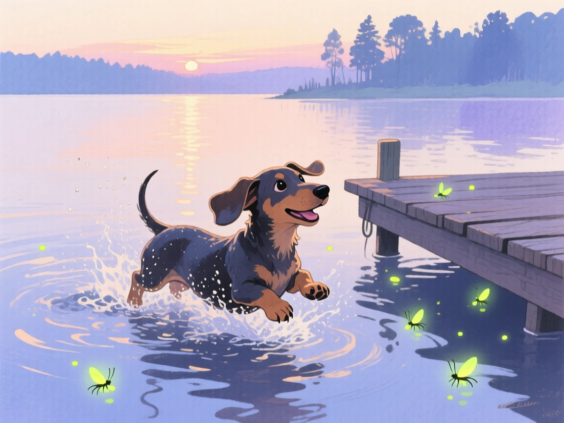 A dachshund puppy splashes playfully in a quiet lakeside dock, as fireflies begin to glow at dusk