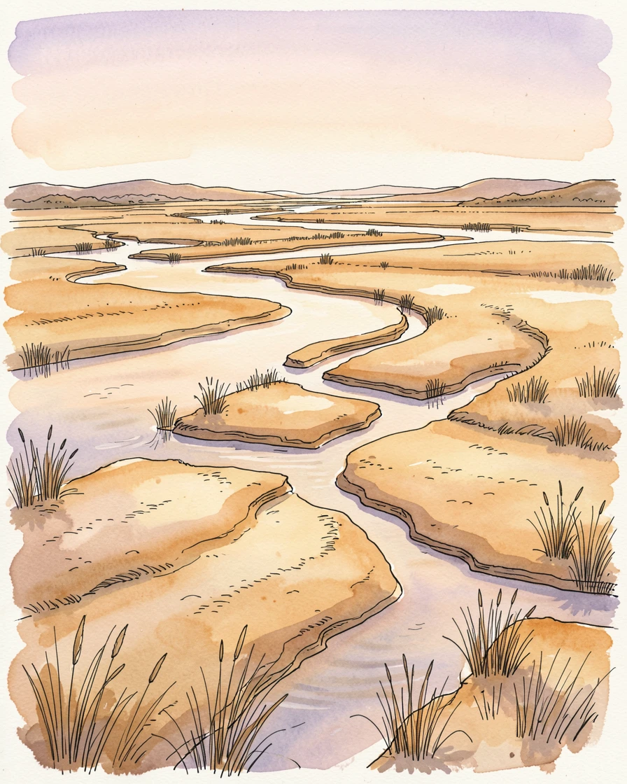 A wide river delta braided with sandbars at low tide, golden light spilling across the landscape at the close of day.