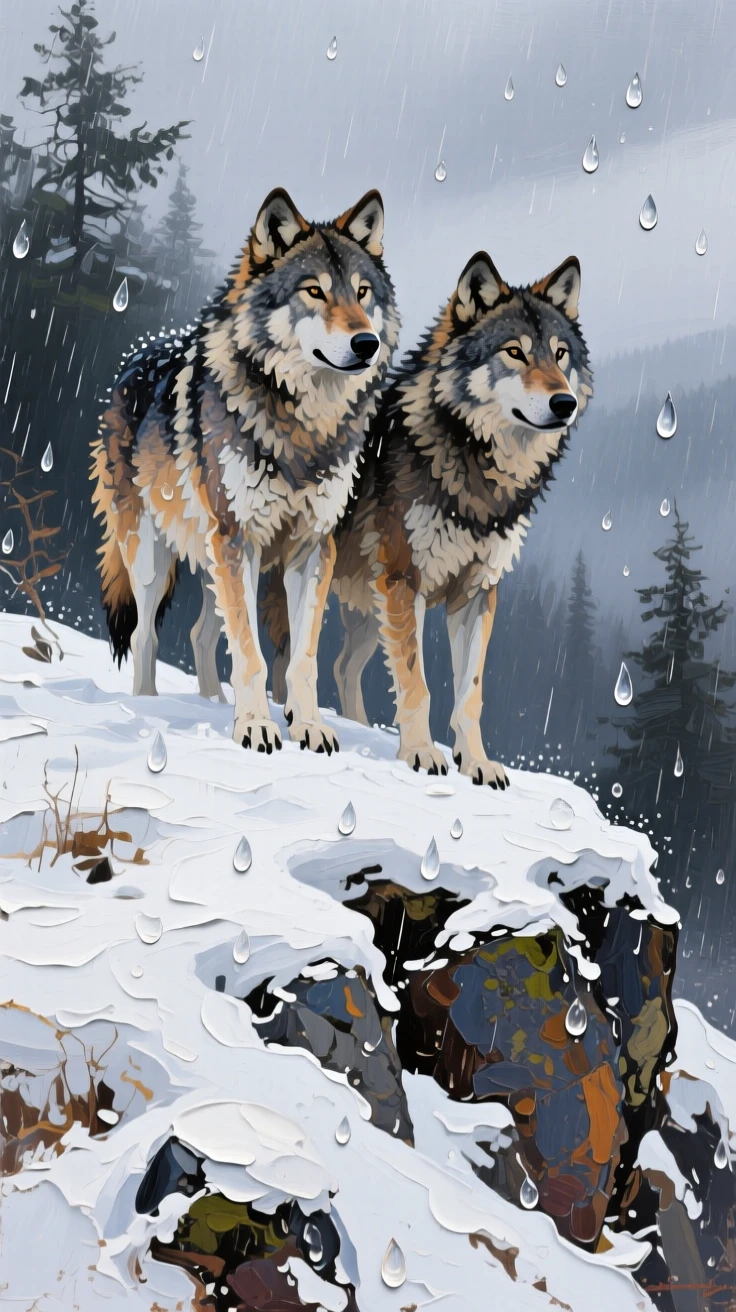 a pair of wolves on a snowy ridge, during the first rain of the season, from an inviting eye-level viewpoint.