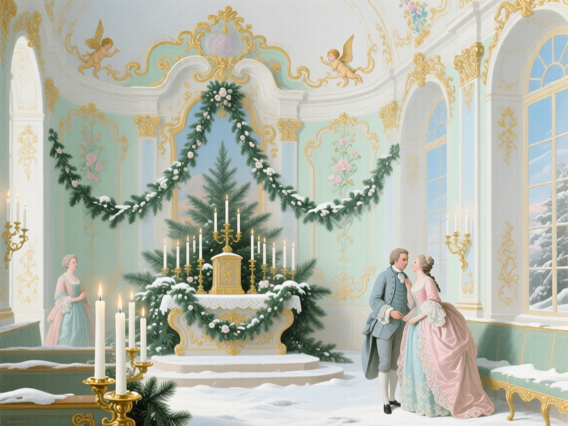 A winter palace chapel adorned with evergreen branches and white candles  