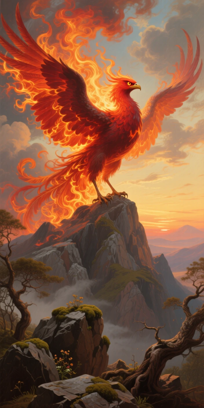 A phoenix bursts into flame and rises anew above a mountain peak.