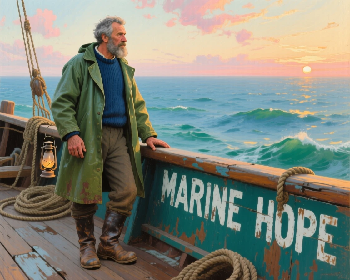 A weathered sailor gazing out over the ocean from the deck of his boat, captured in warm, natural light that softens the entire scene, evoking warmth, empathy, and genuine connection