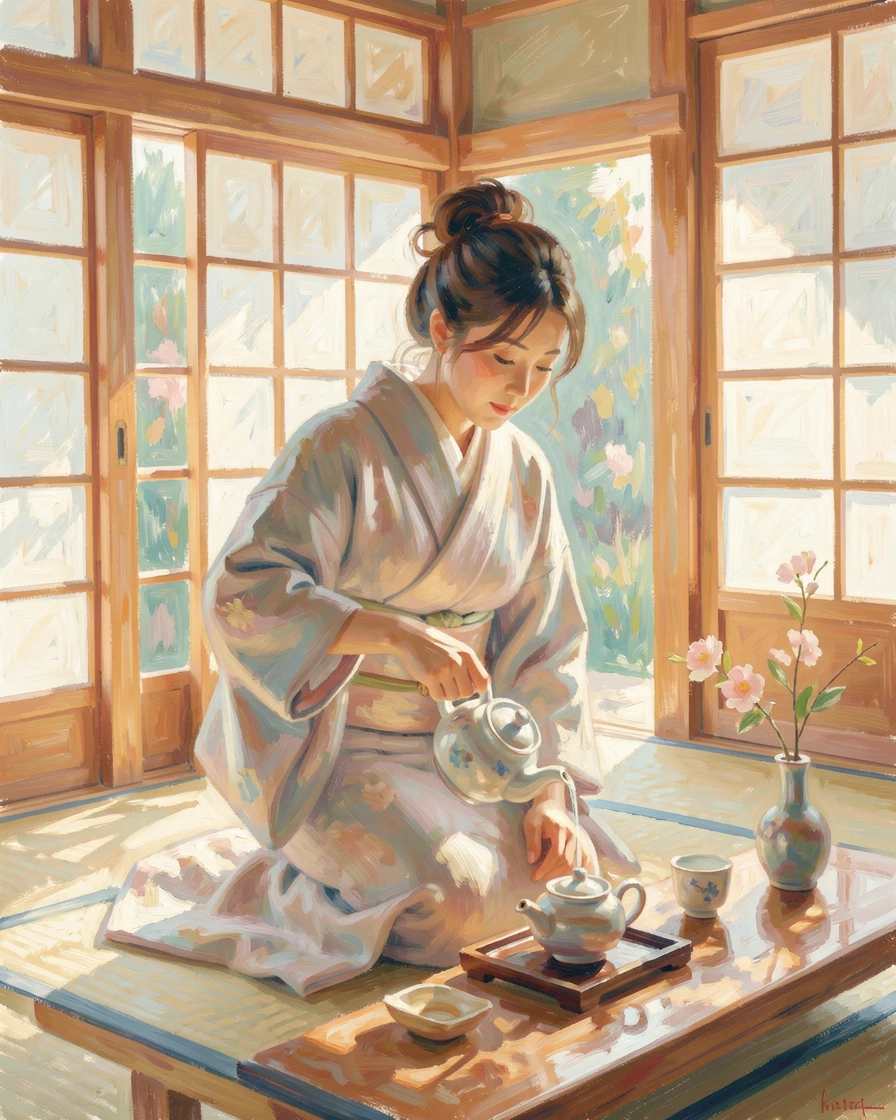 A tea ceremony host gracefully pouring tea in a traditional Japanese room bathed in soft afternoon light.