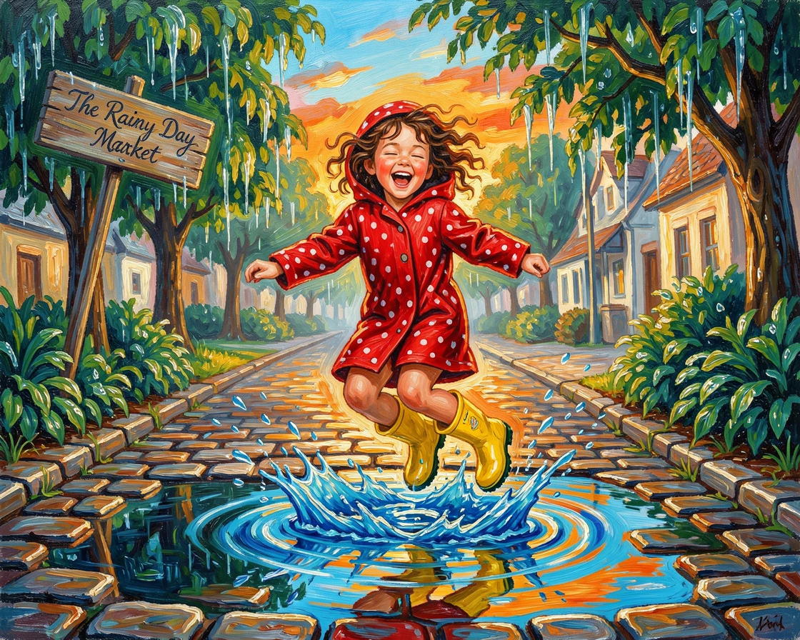 A little girl in rain boots jumping joyfully into a puddle after a summer storm.