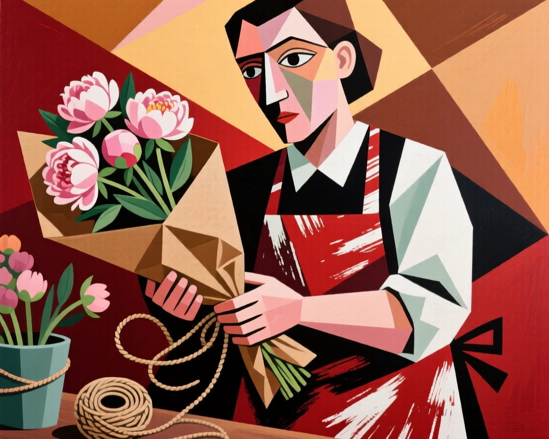 A florist wrapping a bouquet of peonies in brown paper and twine.
