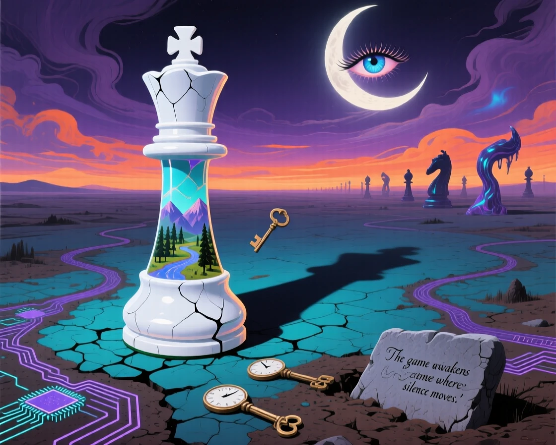 An oversized chess piece standing alone on a windswept plain casts a long shadow across the empty countryside at dusk, while tiny paths have been worn into the ground around it.