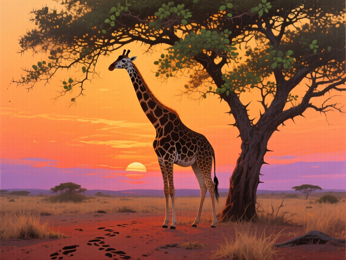 A giraffe reaches gracefully into the canopy of an acacia tree at sunset, its long neck silhouetted against the glowing orange African sky, small environmental cues, like tracks or disturbed grass, hinting at its recent movement.