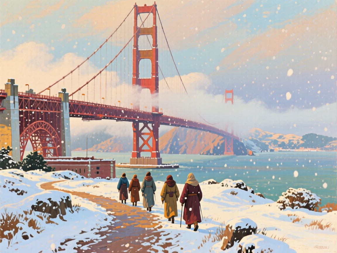 The Golden Gate Bridge emerging from rolling fog, as the first snow of winter begins to fall, a small group of pilgrims making their way along an ancient path