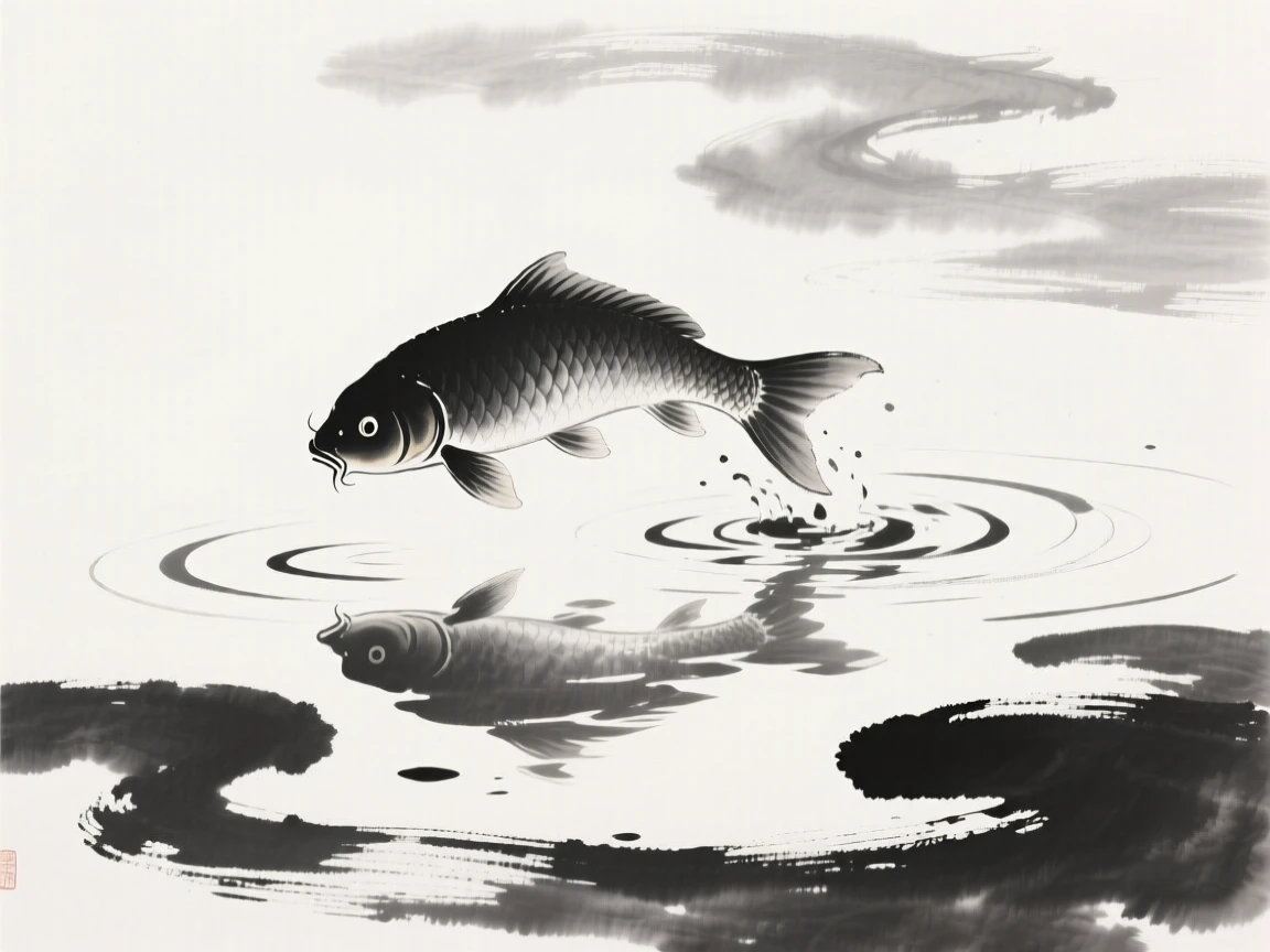 A single carp leaps above the surface of a garden pond, with the reflection of clouds shimmering on the surface.