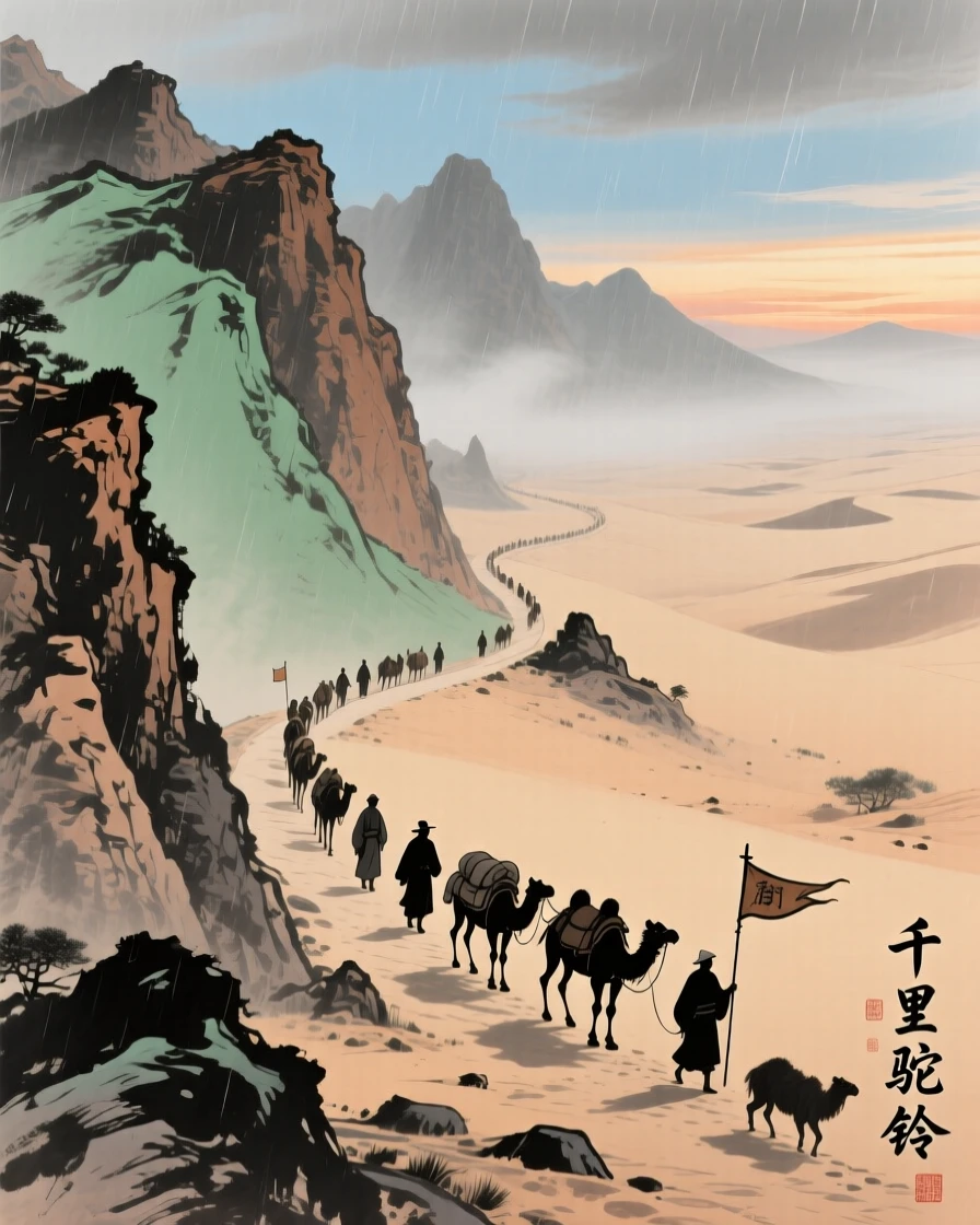 A caravan of traders winding along a mountain pass at the edge of the desert, in a gentle drizzle, at dusk.